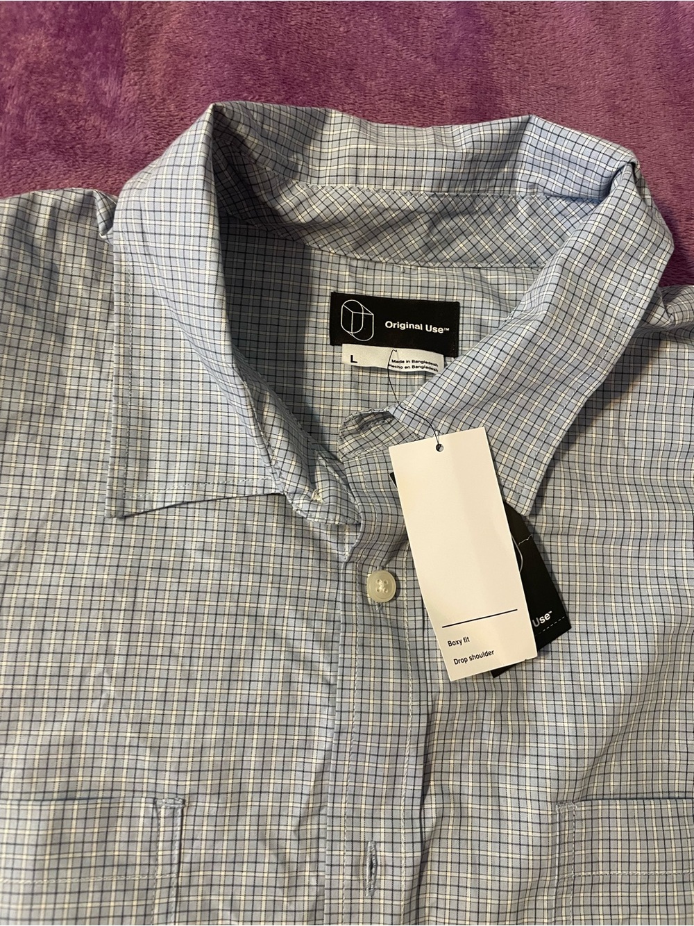 Original Use Blue and White Micro-Plaid Dress Shirt
